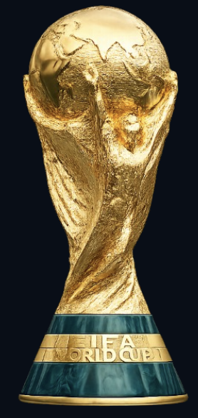 The FIFA World Cup Trophy: gold figures lifting a globe above green malachite bands.